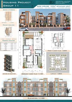 the floor plan for an apartment building with multiple levels and different sections, including two floors