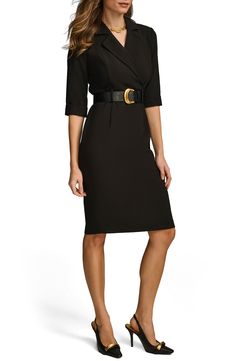 Smooth darts and a bold belt elevate this go-anywhere sheath dress topped by notched lapels. 40 1/2" length Back zip closure Notched lapels Short sleeves Removable belt Lined 63% polyester, 32% rayon, 5% spandex Dry clean Imported Notched Blazer Dress For Formal Occasions, Classic V-neck Blazer Dress For Work, Notched Blazer Dress For Work, Sleek Black Semi-formal Blazer Dress, Elegant Black Structured Blazer Dress, Black Fitted Dress With Lapel Collar, Fitted Professional Blazer Dress For Semi-formal Occasions, Classic Lapel Collar Dress For Workwear, Elegant Fitted Notched Blazer Dress