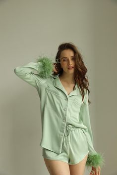 90s Pajama Party Outfit, Long Sleeve Satin Sleepwear For Spring, Elegant Long Sleeve Sleepwear For Pajama Party, Satin Long Sleeve Sleepwear For Pajama Party, Chic Long Sleeve Sleepwear For Pajama Party, Chic Long Sleeve Sleep Sets, Elegant Green Long Sleeve Sleepwear, Long Sleeve Satin Sleepwear, Elegant Long Sleeve Green Sleepwear