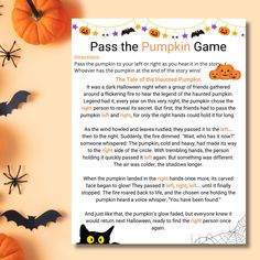 a halloween poem with pumpkins and bats around it on a light orange background that says pass the pumpkin game