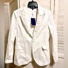 Color: Antique White Size: 4 Chest: 34.5" Waist: 27.5" Hip: 37.5" Shoulder To Hem: 26" Single-Button, Fitted Waist 100% Cotton 2 Front Pockets White Spring Sport Coat With Button Closure, Designer Fitted Sport Coat For Spring, Spring Designer Fitted Sport Coat, White Fitted Cotton Sport Coat, Fitted White Outerwear With Welt Pockets, White Fitted Sport Coat With Button Closure, Fitted White Sport Coat With Button Closure, Designer Tailored Sport Coat For Spring, White Sport Coat For Spring Tailoring