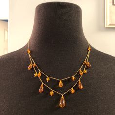 Nwt! 10k Gold Amber Dangle Necklace. New With Tag And Box. 2 Stunning Layers Of Dangling Ambers. 17” Long. Warm Tone Jewelry, Gold 90s Jewelry, Amber And Gold Jewelry, Orange Pendant Necklace, Cute Accessories Necklaces, Orange Necklace Aesthetic, 70s Gold Jewelry, Amber Necklace Aesthetic, Amber Necklace Women