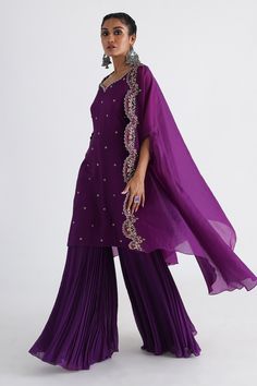 Buy Purple Kurta- Bam Silk And Taffeta Rania Sharara Set With Scalloped Cape For Women by Smriti by Anju Agarwal Online at Aza Fashions. Eid Anarkali Set With Cape Sleeves In Georgette, Unstitched Embellished Georgette Palazzo Set, Bollywood Style Embellished Chanderi Kurta, Eid Anarkali Set With Sheer Dupatta And Cape Sleeves, Eid Anarkali Set With Cape Sleeves, Embellished Anarkali Style Georgette Palazzo Set, Anarkali Palazzo Set With Cape Sleeves In Georgette, Embellished Chanderi Kurta For Eid, Festive Georgette Anarkali Set With Cape Sleeves