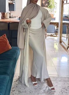 Modest Evening Outfits, Hijab Outfit Summer Dress, Abaya With Skirt, Hijabi Satin Skirt, Luxury Hijab Outfit, Hijabi Holiday Outfits Summer, Hijab Chic Outfit, Hijabi Skirt Outfits Summer, Summer Abaya Outfits