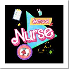 the school nurse poster is on display in front of a black background with stars and other items