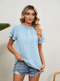 Solid Color Short Sleeve Jacquard Chiffon Shirt Chiffon Shirt, Color Shorts, Fabric Names, Types Of Collars, Medium Length, Sky Blue, Chiffon, Solid Color, Collar