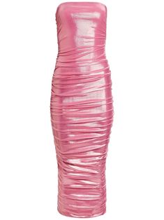 fondant pink stretch-design metallic finish side zip fastening strapless gathered detailing bodycon design straight hem mid-length Fondant Pink, Bodycon Design, Pink Bodycon, Yoko London, Exclusive Fashion, Ballet Flat Shoes, Ruched Dress, Lady Dior, Dress Pink