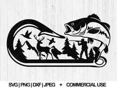 a fish in a bottle with people and trees on it, the silhouette is cut out from