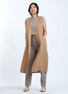 KAAREM - Sarga V-Neck Long Vest Jacket - Brown Sand Long Vest Jacket, Collar Construction, Brown Sand, Tan Cardigan, Blind Stitch, Long Vest, Long Vests, Cardigan Vest, Cropped Top