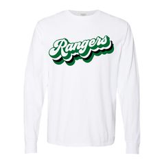 🔥 This long sleeve shirt features a "groovy" retro font with the word "Rangers."  Show off your Iberia Ranger Pride with this shirt!  Shirt: White Ink: Kelly Green and Black  100% ring spun cotton, garment-dyed 🔥 *--*--*--*--*--*--*--*--*--*--*--*--*--*--*--*--*--* Other Campfire Ink Shirts You Might Love ❤️ https://www.etsy.com/listing/690623634/wild-ride-octopus-on-a-unicycle-shirt https://www.etsy.com/listing/632840304/daydreams-airstream-shirt-camper-tshirt https://www.etsy.com/listing/704468037/bee-kind-shirt-yellow-be-kind-tshirt *--*--*--*--*--*--*--*--*--*--*--*--*--*--*--*--*--* 🔥Contact me with any questions: https://www.etsy.com/messages/new?from_action=contact-seller&recipient_id=7228465&referring_id=647618133&referring_type=listing&with_id=7228465 *--*--*--*--*--*--*--*--*- Collegiate Long Sleeve T-shirt With Screen Print, Game Day Graphic Tee With Long Sleeves, White Long Sleeve T-shirt With Team Name, Long Sleeve Screen Print T-shirt For Game Day, Fan Gear Long Sleeve T-shirt With Graphic Print, Fan Gear Graphic Print Long Sleeve T-shirt, Long Sleeve Graphic Print T-shirt For Fan Gear, White Long Sleeve T-shirt With Lettering, Long Sleeve Cotton T-shirt With Lettering