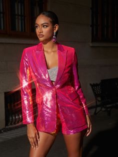 Hanako Sequin Blazer Shorts Set In Hot Pink – Mew Mews Fashion Blazer Shorts Set, Look Rose, Sequin Blazer, Jumpsuits And Romper, Feather Dress, Blazer And Shorts, Maxi Dress Green, Pink Sequin, Look Your Best