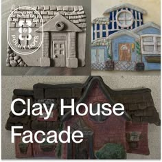 clay house facade is shown in three different pictures