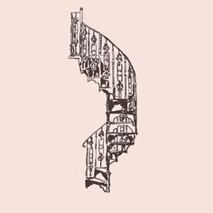 a drawing of a spiral staircase on a pink background