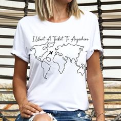 Travel Shirt, I Want A Ticket To Anywhere Shirt, Travel States Tourist Place Tshirt, Vacation T-shirt Travel T Shirts Ideas, Cotton Crew Neck T-shirt For Travel, Summer Travel Tops With Graphic Print, Casual Graphic Print Travel Shirt, White Summer Travel Tops, White Summer Tops For Travel, White Tops For Summer Travel, Short Sleeve T-shirt For Summer Travel, White Graphic Print T-shirt For Travel