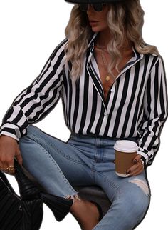 Trendy Long Sleeve Office Shirt, Black Long Sleeve Blouse With Buttons, Trendy Striped Collared Blouse, Trendy Striped Office Shirt, Trendy Striped Shirt With Button Closure, Striped Collared Shirt For Fall, Striped Button Blouse For Fall, Fall Striped Collared Shirt, Fall Striped Button-up Shirt