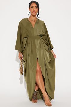 Spectacular Woman Satin Maxi Dress - Olive | Fashion Nova, Dresses | Fashion Nova Chic V-neck Dress With Side Slits, Spring Evening Maxi Dress In Longline Style, Spring Evening Longline Maxi Dress, V-neck Dress With Side Slits For Evening, Flowy V-neck Maxi Dress For Night Out, Green Maxi Length V-neck Dress For Brunch, Longline Dress For Date Night In Spring, Longline Dress For Spring Date Night, Green Long Sleeve Maxi Dress With Side Slits