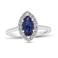 Top off your dressy looks with this marquise-cut blue sapphire and diamond frame ring, a timeless design that elevates your attire with ease. Created in 14K white gold The 10.0 x 5.0mm marquise-cut bright blue sapphire glistens in a frame of shimmering diamonds. Underneath the centerpiece, sculpted leaf-like marquise shapes add nature-inspired elegance to the style. This classic choice sparkles with 1/4 ct. t.w. of diamonds. Marquise White Gold Sapphire Ring, Marquise Sapphire Ring With Brilliant Cut, White Gold Marquise Sapphire Ring, Sapphire Diamond Ring With Marquise Brilliant Cut, Marquise Sapphire Ring In White Gold With Prong Setting, White Gold Marquise Sapphire Ring With Prong Setting, Marquise Cut Sapphire Diamond Ring With Center Stone, Marquise Sapphire Diamond Ring, 14k White Gold Marquise Rings