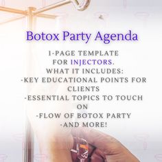 This is a full-page example of an agenda for a botox party! What it includes: -Key educational topics for clients -Other essential topics to touch on  -Flow of botox party -and MORE! This is a Microsoft Word document that can be edited to fit your medical practices needs Botox Themed Party, Mobile Botox Business, Botox Parties, Botox Business, Med Spa Marketing, Party Agenda, Aesthetic Nurse, Nurse Injector, Spa Marketing