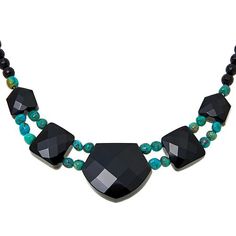 Jay King Gallery Collection Turquoise & Chalcedony Reversible Necklace You get two distinct looks in one with this exclusive, handcrafted gemstone necklace design from Jay King. The versatile piece features double-sided stations with elegant, faceted black chalcedony on one side and multicolored turquoise on the other. Simply flip over the necklace to easily change up your look!       Approx. 18-1/4"L x 1/4"W with 2-3/4" extender     Drop approx. 1-1/16"L x 1-1/4"W     Stamped .925     Hook clos Elegant Adjustable Turquoise Gemstone Necklace, Elegant Turquoise Necklace With Faceted Beads, Elegant Adjustable Turquoise Necklace With Faceted Beads, Adjustable Green Onyx Gemstone Jewelry, Elegant Turquoise Necklace With Faceted Beads As Gift, Turquoise Pendant Necklace With Faceted Beads, Adjustable Faceted Turquoise Necklace, Elegant Turquoise Jewelry With Faceted Beads, Elegant Turquoise Green Onyx Necklace