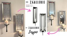 three different types of wall sconces with candles on the side and in front