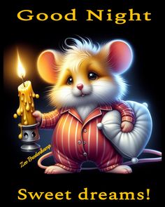 a mouse holding a lit candle with the words good night sweet dreams