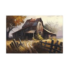 a painting of an old barn in the country