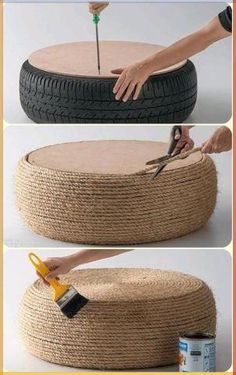 a person using scissors to cut rope on top of a round ottoman that is being used as a coffee table