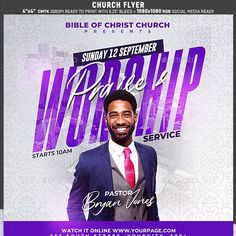 a flyer for a worship service with a man in a suit and tie on it