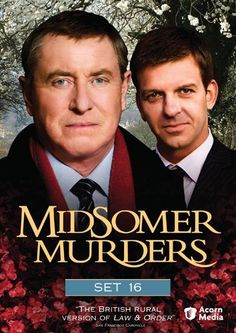 two men in suits and ties standing next to each other on a poster for midsome murders