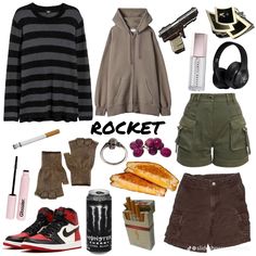 a bunch of clothes and accessories are arranged in the shape of a rocket with words written on them