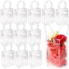 clear plastic bags with red roses in them and the handles are open to reveal each bag