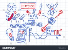 hand drawn physics doodles on lined paper with red marker and blue marker, including symbols