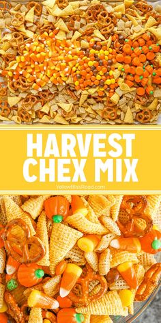 a bowl filled with corn, carrots and chex mix on top of a table