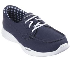 Classic nautical style and comfort combine in Skechers On-the-GO Ideal - Picnic Perfect. This boat style design features a canvas upper with stretch lace detail, gingham trim, Goga Mat Plush insole and lightweight ULTRA GO cushioning. | Skechers Women's On-the-GO Ideal - Picnic Perfect Shoes | Medium Width | Lightweight, responsive ULTRA GO cushioning | Goga Mat Plush comfort insole | Canvas upper with gingham trim and stretch laces | Flexible traction outsole | Machine washable | 1/2-inch heel | Skechers Boat Shoes Women, Boat Style, Boat Fashion, Womens Boat Shoes, Insole Design, Golf Attire, Deck Shoes, 3 Shoes, Nautical Style