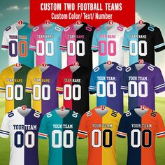 a group of soccer jerseys with custom names and numbers