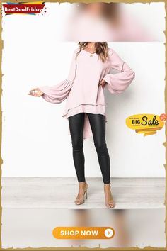 Fashion Ladies Round Neck Flare Sleeve Loose Casual Blouse Tunic Basic Shirt Pink Wine, Basic Shirts, Tunic Blouse, Casual Blouse, Flared Sleeves, High & Low, High Low, Shirt Style, Round Neck