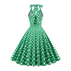 This beautiful halter dress is retro rockabilly at its best! The pretty bodice has a super flattering fold-over v-neckline, wide halter straps, princess seams, and big white buttons up the front. It has a nipped in waist with a skirt that is very flared and has side seam pockets. Beautifully detailed, it has an elasticized back for comfort and great fit, and it zips up the back.Fabric: 95% cotton, 5% spandexThis is a special order item and will take 7-12 business days to ship.Size: SBust: 34"Wai Spring Pinup Dress For Retro-themed Events, Spring Retro-themed Pinup Dresses, 1950s Style Polka Dot Dress For Retro-themed Events, Summer Rockabilly Dresses For Retro-themed Events, Polka Dot Dresses For Retro-themed Events, Retro Halter Neck Summer Dress, Polka Dot Rockabilly Dress For Retro-themed Events, Fitted Retro Summer Halter Dress, Summer Sleeveless Rockabilly Dress