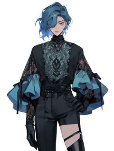 an anime character with blue hair and black clothes