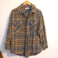 Adorable Plaid Shirt Jacket Or Shacket. Colors Are Blue/Gray, Tan, And Dark Navy. Perfect For Fall. Purchased From Betsy's Boutique But Was Too Large. New With Tags. Size Small/Medium. Vintage Shacket With Pockets For Fall, Vintage Plaid Collared Outerwear, Retro Fall Tops With Pockets, Vintage Fall Tops With Pockets, Vintage Collared Shacket With Button Closure, Vintage Tops With Pockets For Fall, Vintage Plaid Button-up Outerwear, Vintage Button-up Shacket For Fall, Be Cool