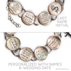 "Our personalized Love & Marriage charm bracelet is such a meaningful gift -- for a new bride, wedding anniversary, or just because. Makes a great bridal shower gift! This beautiful silver colored metal and glass charm bracelet is personalized with a beautiful initial, his and her names and wedding date, along with Bible verses on love and marriage -- on eight glass charms: 1 Corinthians 13:7-8 Love... bears, believes, hopes, endures all things. Love never fails. Ecclesiastes 4:12 A cord of Customizable Charm Bracelet For Valentine's Day Anniversary, Customizable Silver Name Bracelet For Bridesmaid Gift, Customizable Inspirational Bracelet Jewelry, Silver Personalized Bracelets For Bridesmaid Gift, Silver Name Bracelet For Bridesmaid Gift, Silver Name Bracelets For Bridesmaid Gift, Silver Engraved Bracelets For Wedding, Mother's Day Wedding Gift Bracelet Jewelry, Personalized Silver Charm Bracelet For Anniversary