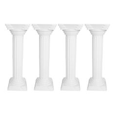 four white pedestals are lined up in a row on a white background, with one standing out from the others