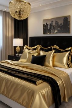 a bed with gold sheets and black pillows in a bedroom next to a chandelier