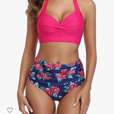 Nwt Womens Large Two Piece Floral Bikini With High Waisted Bottom. See Sizing In Photo, Fits Size 12-14 Pink Ruched Summer Swimwear, Spring Pink Ruched Tankini, Pink Ruched Swimwear For Summer, Pink Ruched Tankini For Pool, Pink Ruched Tankini For The Beach, Pink Ruched Tankini For Beach, Pink Ruched Tankini For Beachwear, Pink Ruched Tankini For Poolside, Pink Ruched Swimwear For Swimming