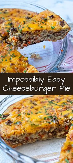 a cheesy cheeseburger pie is cut in half and ready to be eaten