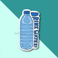 a water bottle sticker on a blue and green background