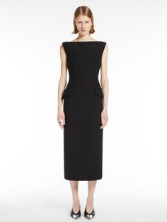 Long dress with bustier construction made of heavy stretch gabardine. The line is fitted at the waist, with front and back darts that add support to the neckline, and rounded over the hips. The garment is completed with flap pockets on the front and a single pocket on the back. Menswear-inspired back vent. The concealed zip on the back makes it comfortable to slip into. Model with removable lingerie-effect straps and internal satin lining. Klepsydra Capsule Collection. A selection of pieces with Dress With Bustier, Hourglass Silhouette, Black Bustier, Satin Dress Long, Silk Gown, Bustier Dress, Dress Home, A Line Gown, Menswear Inspired