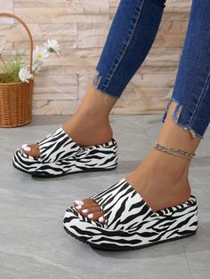 Funky Zebra Print Platform Wedge Slippers: A Stylish Addition to Your Trendy White Slide Platform Slippers, Trendy Platform Slippers With Cushioned Footbed And Wedge Heel, White Platform Slide Wedge Sandals, Trendy White Platform Slippers With Cushioned Footbed, Trendy White Wedge Sandals With Textured Footbed, White High Heel Sandals, Leopard Print High Heels, Wedge Slippers, Women Casual Flats