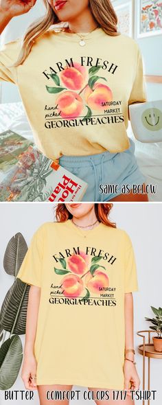 Dive into summer with farm-fresh georgia peaches, indulge in the softness of a Comfort Colors t-shirt. Whether paired with shorts for a beach day or dressed up with a skirt for a sunset soirée, this summer staple exudes both comfort and farmcore flair. 𝔻𝔼𝕋𝔸𝕀𝕃𝕊 Comfort Colors 1717 T-Shirt 💗Fabric content: 100% Cotton 💗Feel: luxe thick garment-dyed cotton 💗Fit: oversized unisex fit - Models are wearing XL Gildan 5000 T-Shirt 💗Fabric content: 100% Cotton; heathered colors have added poly Peach Short Sleeve T-shirt For Summer, Peach Short Sleeve Top For Brunch, Spring Brunch Graphic Tee T-shirt, Spring Brunch Graphic Tee Shirt, Spring Graphic Tee For Brunch, Summer Peach T-shirt With Graphic Print, Spring Brunch Graphic Tee, Peach Cotton Tops For Brunch, Summer Brunch Cotton T-shirt