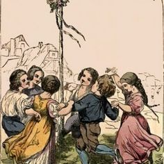 an old illustration of people dancing around a pole