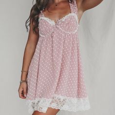 Crafted In A Fuzzy Gingham Dot Fabricreminiscent Of Vintage Tableclothsthe Melanie Pink Mini Dress Has Laid-Back Summer Appeal. Featuring Ruched Underwire Cups Trimmed In Lace, This Babydoll Dress Is Finished With By A Lace Bow At The Center-Front Gore And A Wide Lace Trim Along The Skirt Opening. Material Is Polyester Dry Clean Recommended Model Is 5'6 Wearing A Small Pink Mini Dress, Amazing Lace, Lemon Dress, Lace Bows, For Love & Lemons, Love And Lemons, Pink Mini, Pink Mini Dresses, For Love And Lemons